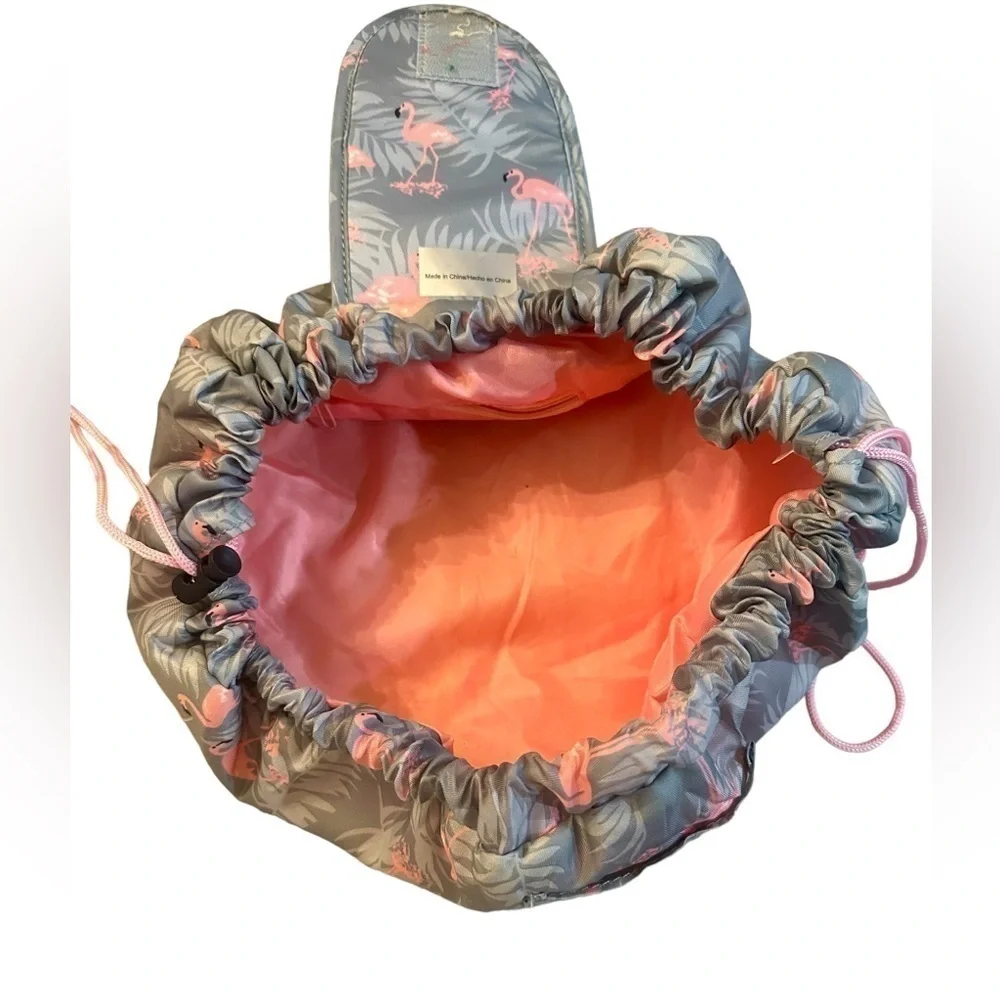 Flamingo Drawstring Cosmetic Bag - Gray and Pink